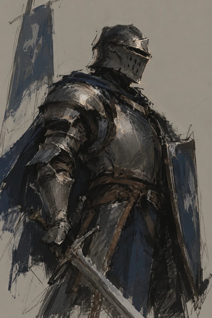 Digital painting of an armored knight holding a sword and shield